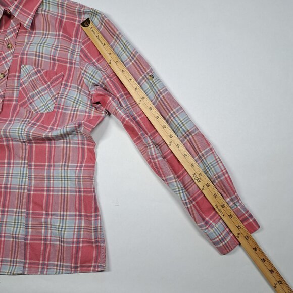LL Bean Womens Flannel Shirt Scotch Plaid Peach Pink Blue Button Up Down Medium - Picture 5 of 8